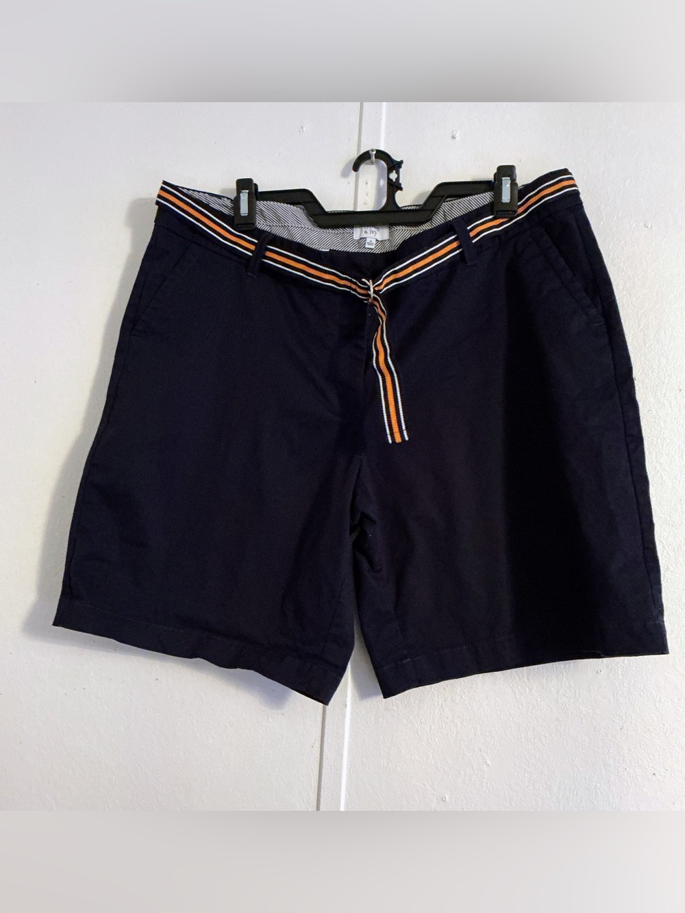 Crown & Ivy Navy Cotton women’s Shorts with Striped Waist Tie